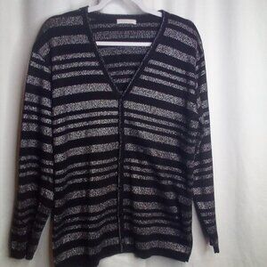 Joan Vass Sweater Cardigan Women 1 (6-8) Long Sleeve Button Up Black Silver